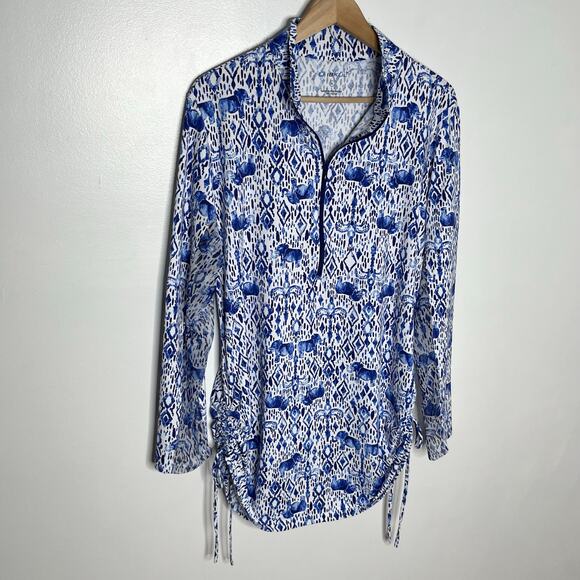Ibkul Long Sleeve Quarter Zip Top Womens XL Blue White Mesh Elephant Print - Picture 2 of 8